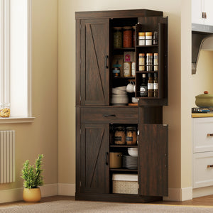72" Kitchen Pantry Cabinet, Farmhouse Kitchen Storage Cabinet with 4 Barn Doors, 6 Door Shelves, Drawer – view 14