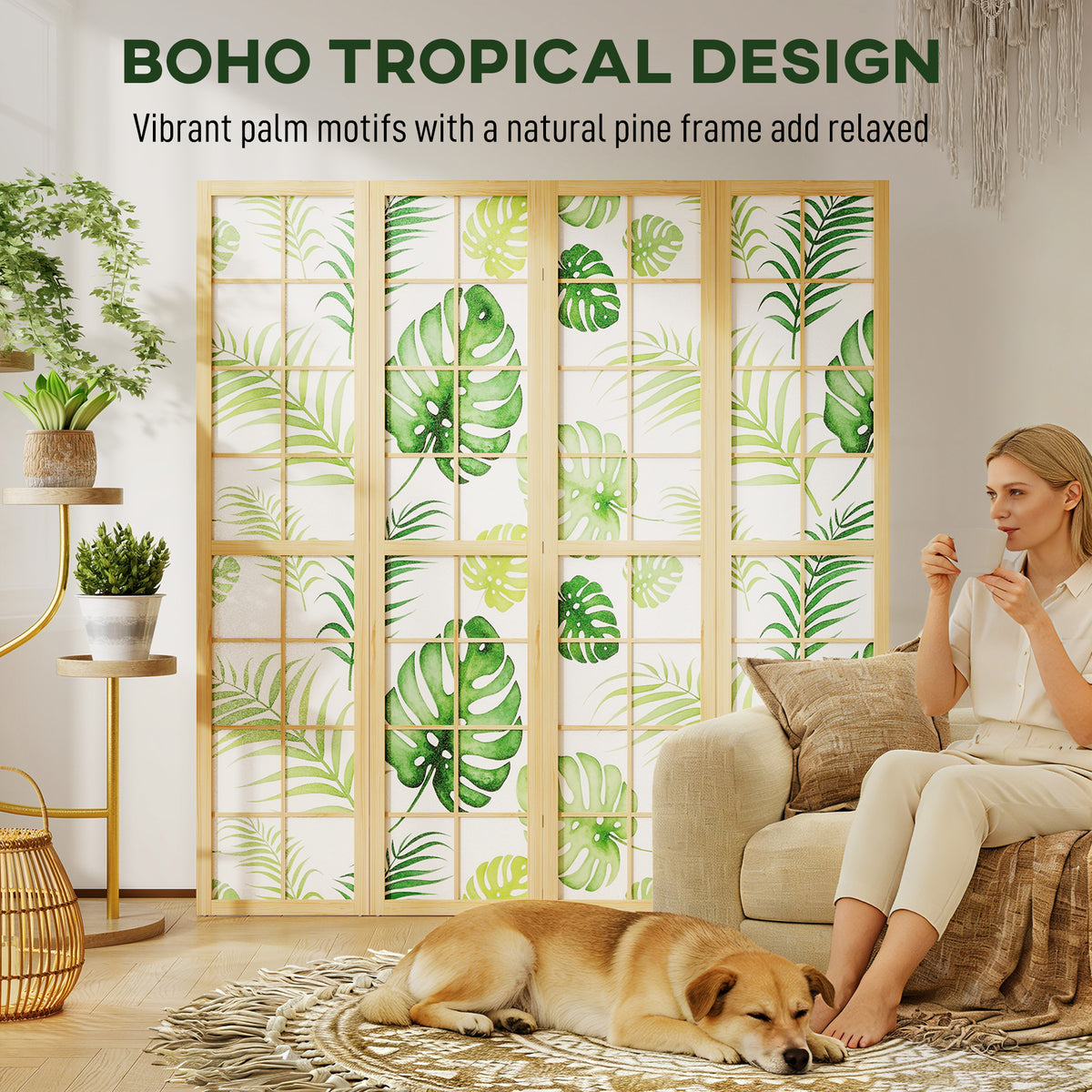 4 Panel Folding Privacy Screen, 67" Room Divider with Palm Leaf Design for Living Room Bedroom, Natural and Green