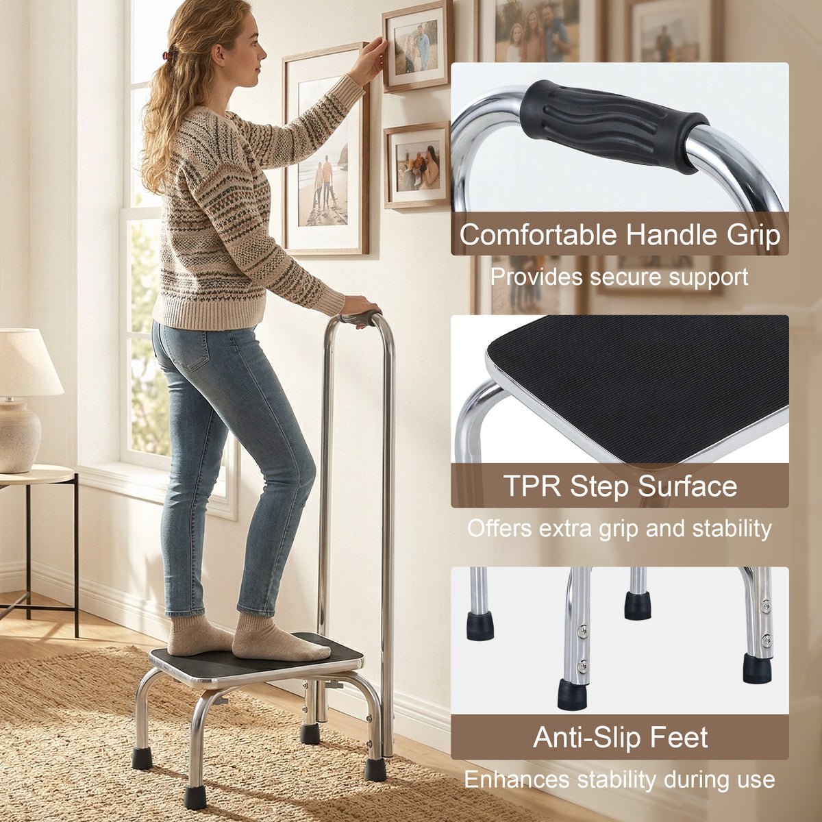 Step Stool with Handle for Adults and Seniors, Heavy Duty Metal Foot Step Stool for Elderly, Portable Stool with Anti-slip Design