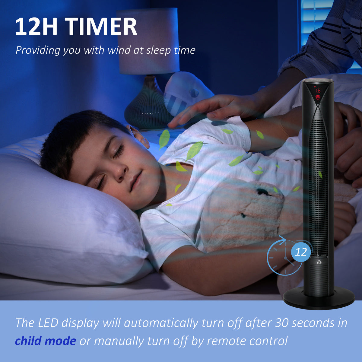 Freestanding Tower Fan Cooling for Home Bedroom with 3 Speed, 12h Timer, Oscillating, LED Sensor Panel – view 5
