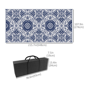 Portable Outdoor Rug with Carry Bag, 9' x 18' Reversible Mat, Waterproof Plastic Straw RV Rug for Backyard, Deck, Picnic, Beach, Camping, Blue & White Flower