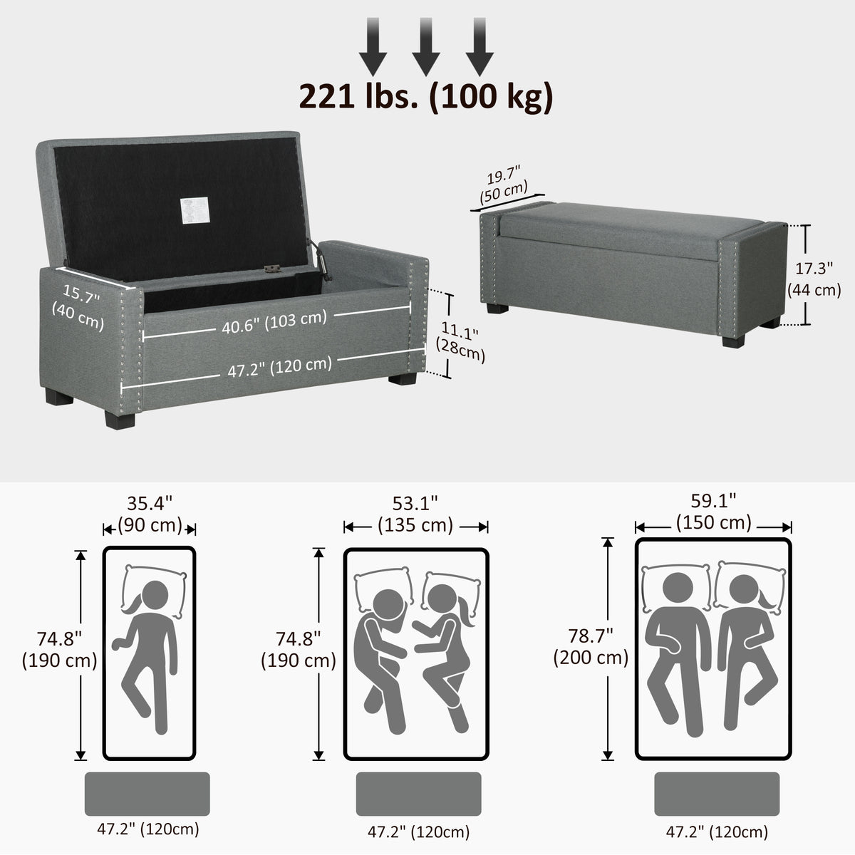 Upholstered Flip Top Storage Bench Fabric Ottoman for Bedroom, Living room, Dark Grey – view 9