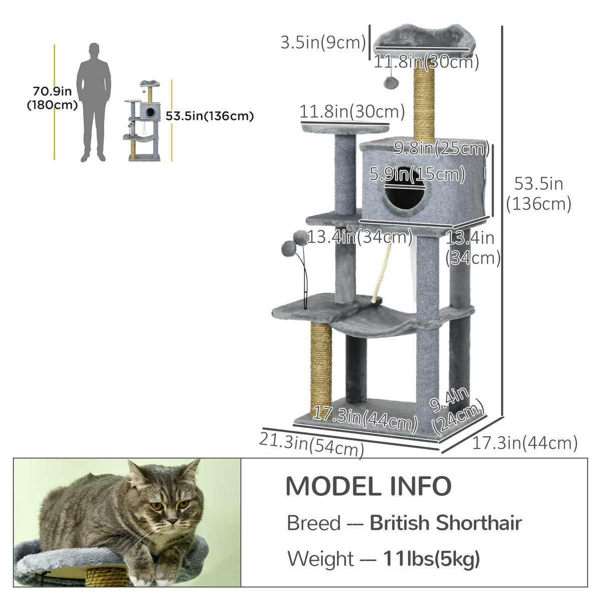 54" Cat Tree for Larger Cats Adult with Hammock, Tal Cat Tree Tower with Scratching Post, Condo, Platforms, Play Balls for Indoor Cats, Grey