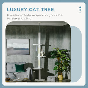 88.5"-100.5" Floor to Ceiling Cat Tree, Cat Tower with Scratching Posts, Cloud Shaped Platforms, Dangling Balls, Cream