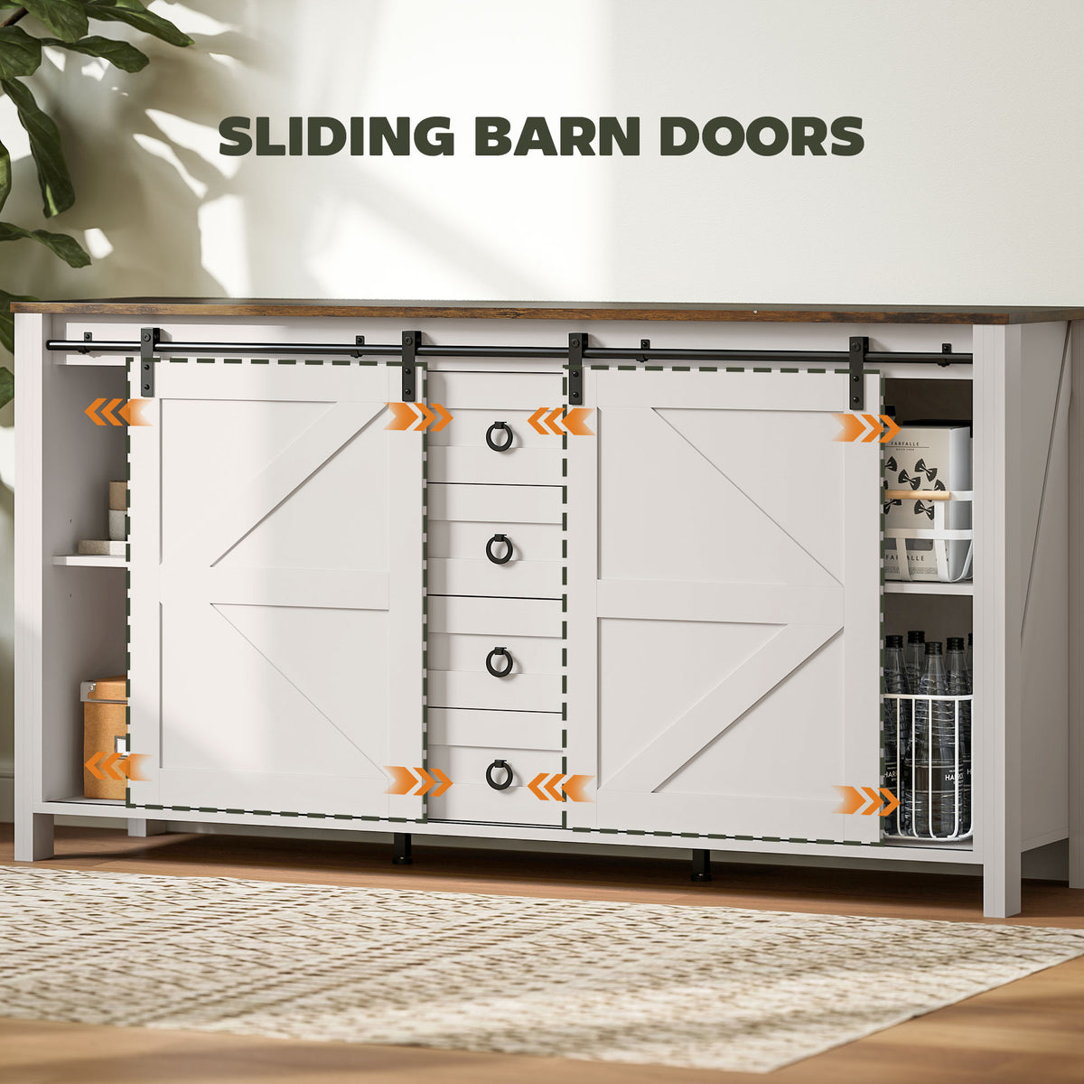 60" Buffet Cabinet, Farmhouse Sideboard with Sliding Barn Doors, Drawers and Adjustable Shelves, Cream White – view 4