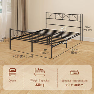 Metal Full Platform Bed Frame with Headboard, Steel Slat Support, Underbed Storage, No Box Spring Needed, Easy Assembly