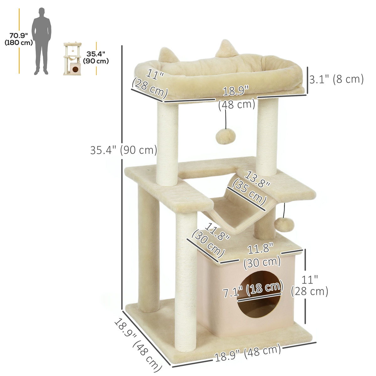 39.25'' Cat Tree Tower Multi-Level Kitten House with Scratching Post Condo Hammock Bed Ball Toy - Grey