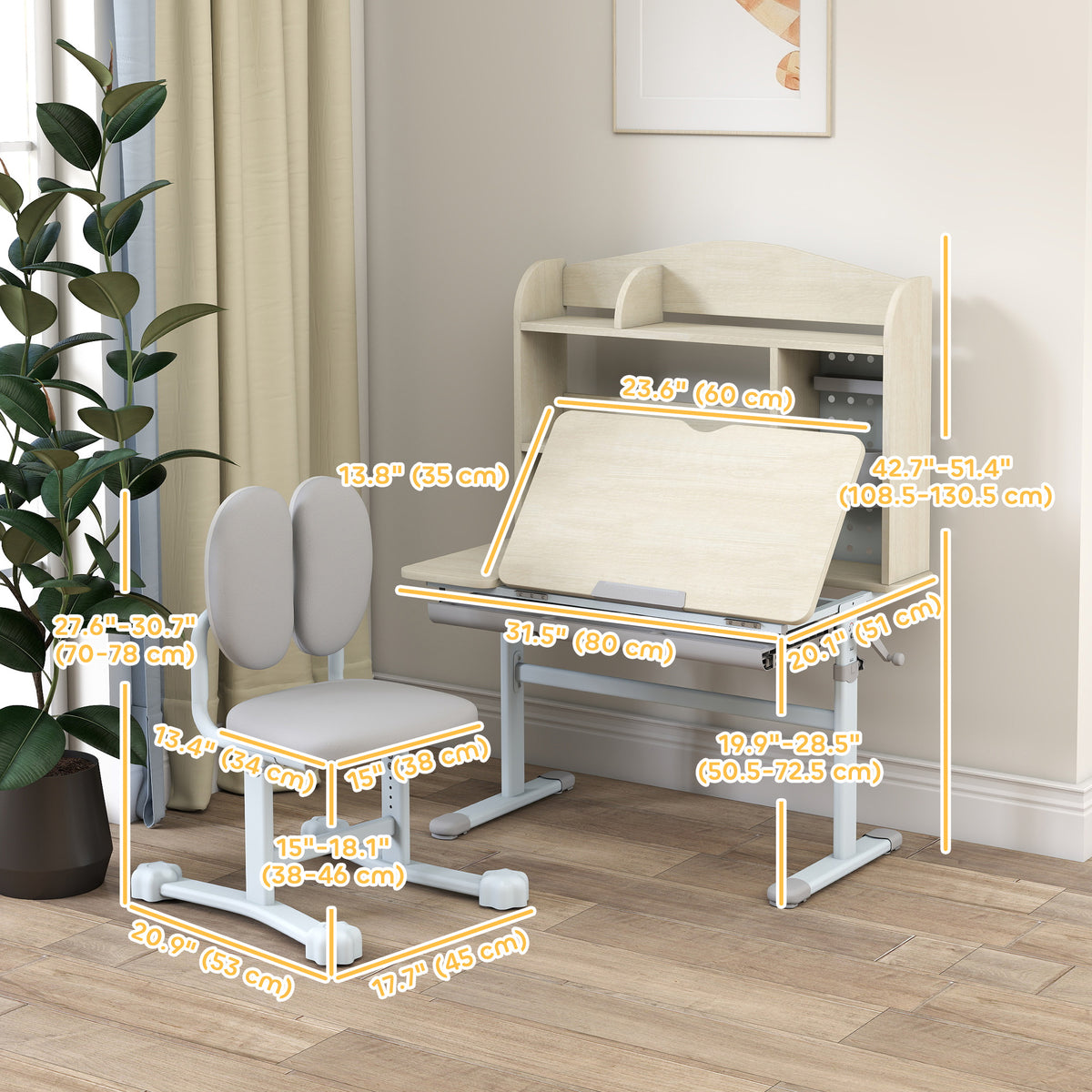 Qaba Kids Desk and Chair Set with Tilting Desktop, Adjustable Height, Drawer and Shelves for Boys Girls Ages 3-12