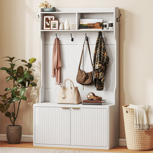 4-In-1 Hall Tree with Shoe Bench, Modern Coat Rack with Open Shelf for Hallway, Entryway, Bedroom, Living Room, White