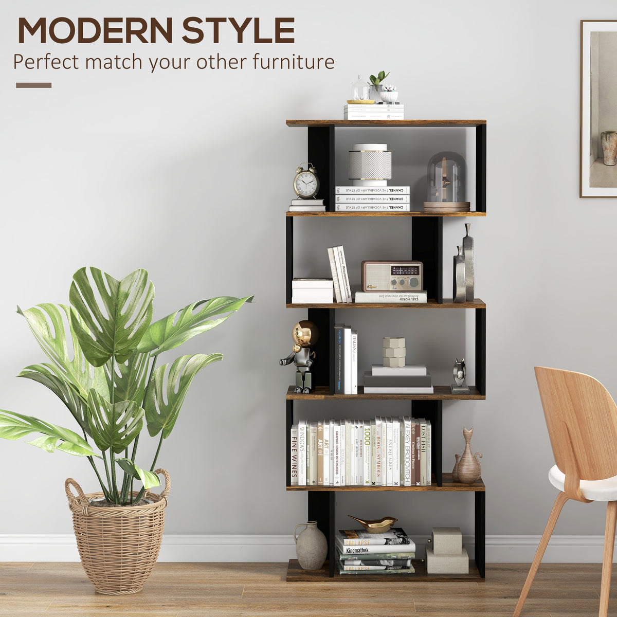 5-Tier Bookshelf, Geometric S Shaped Bookcase, Tall Narrow Display Shelf for for Living Room, Study Room – view 11