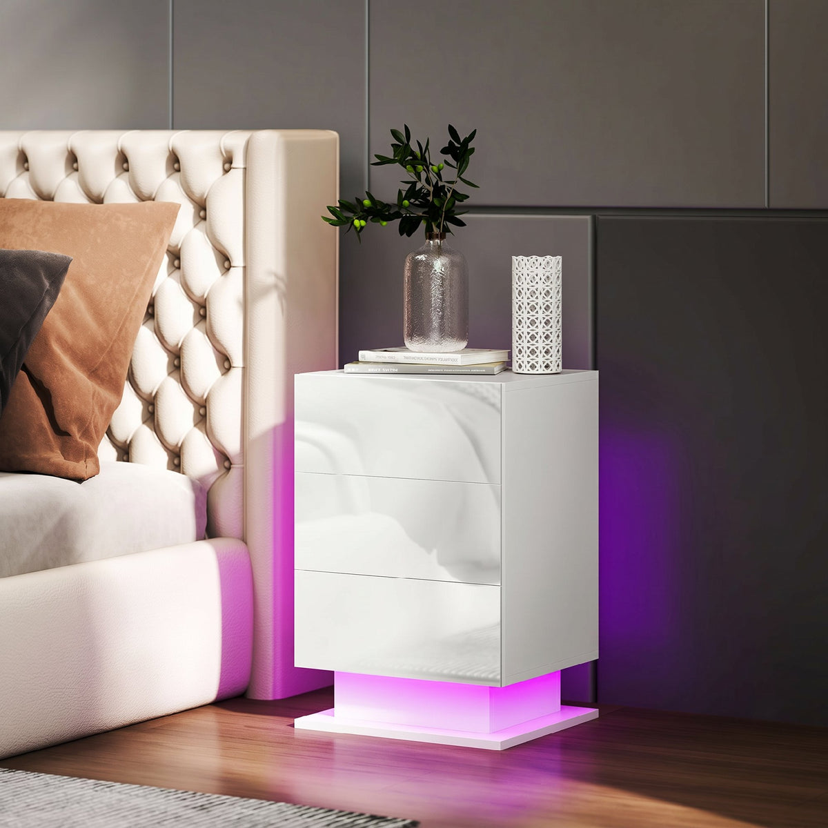 Modern LED Nightstand Bedside Table with Adjustable Colour Lighting & 3 Drawers, APP Control, Glossy White