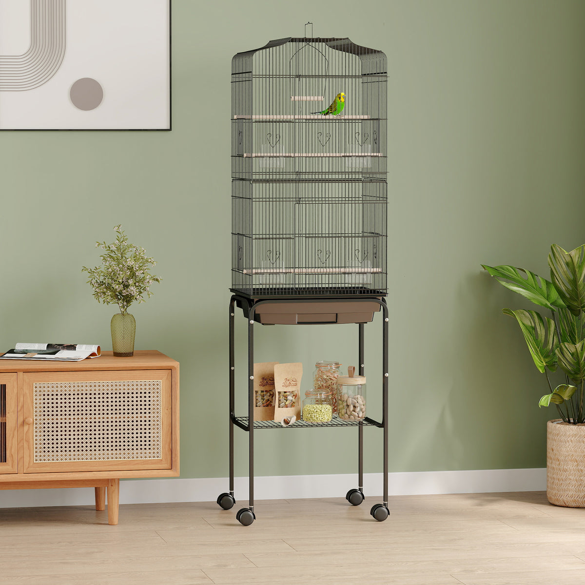 62" Rolling Bird Cage Cockatoo House Play Top Finch Pet Supply with Storage Shelf, Wheels - Black – view 7