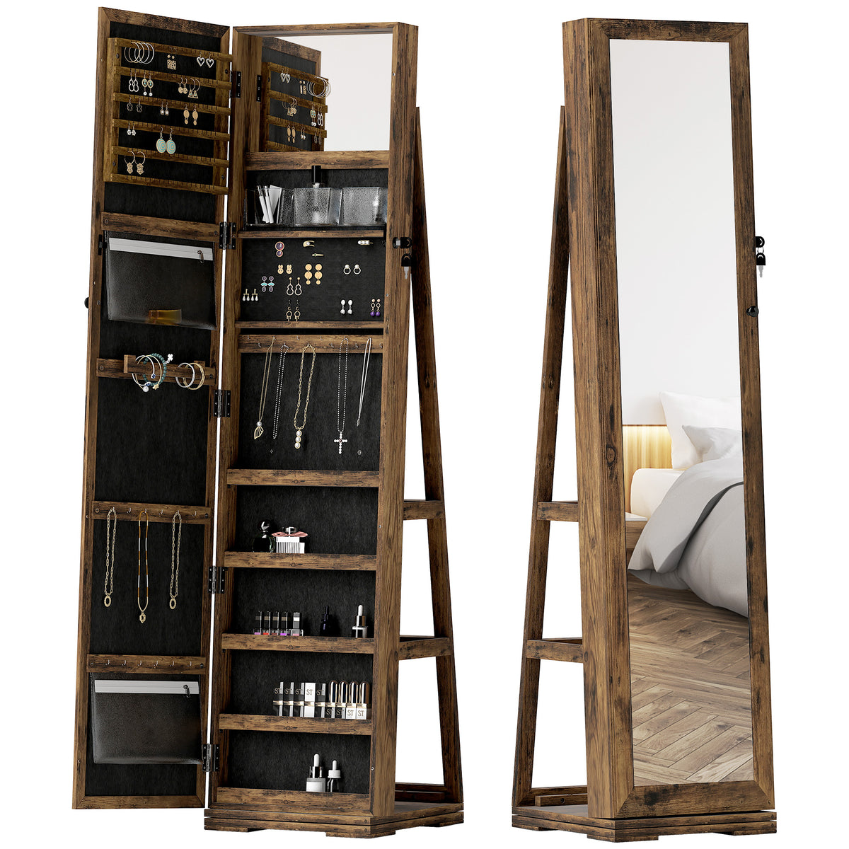 360° Swivel Jewelry Armoire, Lockable Mirror Jewelry Cabinet with Built-In Small Mirror, White – view 8