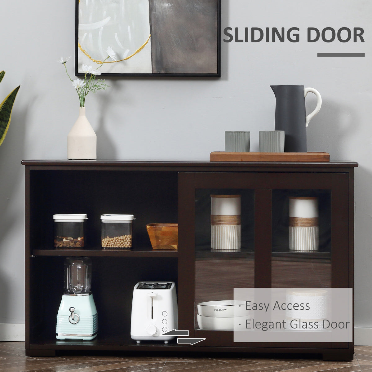 Modern Kitchen Sideboard, Stackable Storage Cabinet, Sliding Glass Door Console – view 11