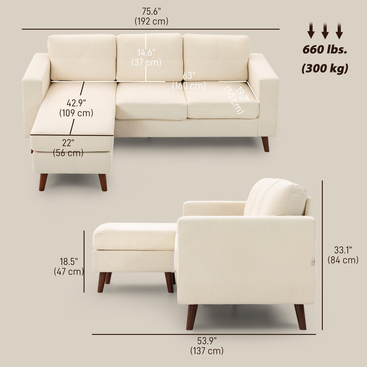 Sectional Sofa with Changeable Chaise Lounge, 3 Seat L-Shaped Small Space Sofa – view 9