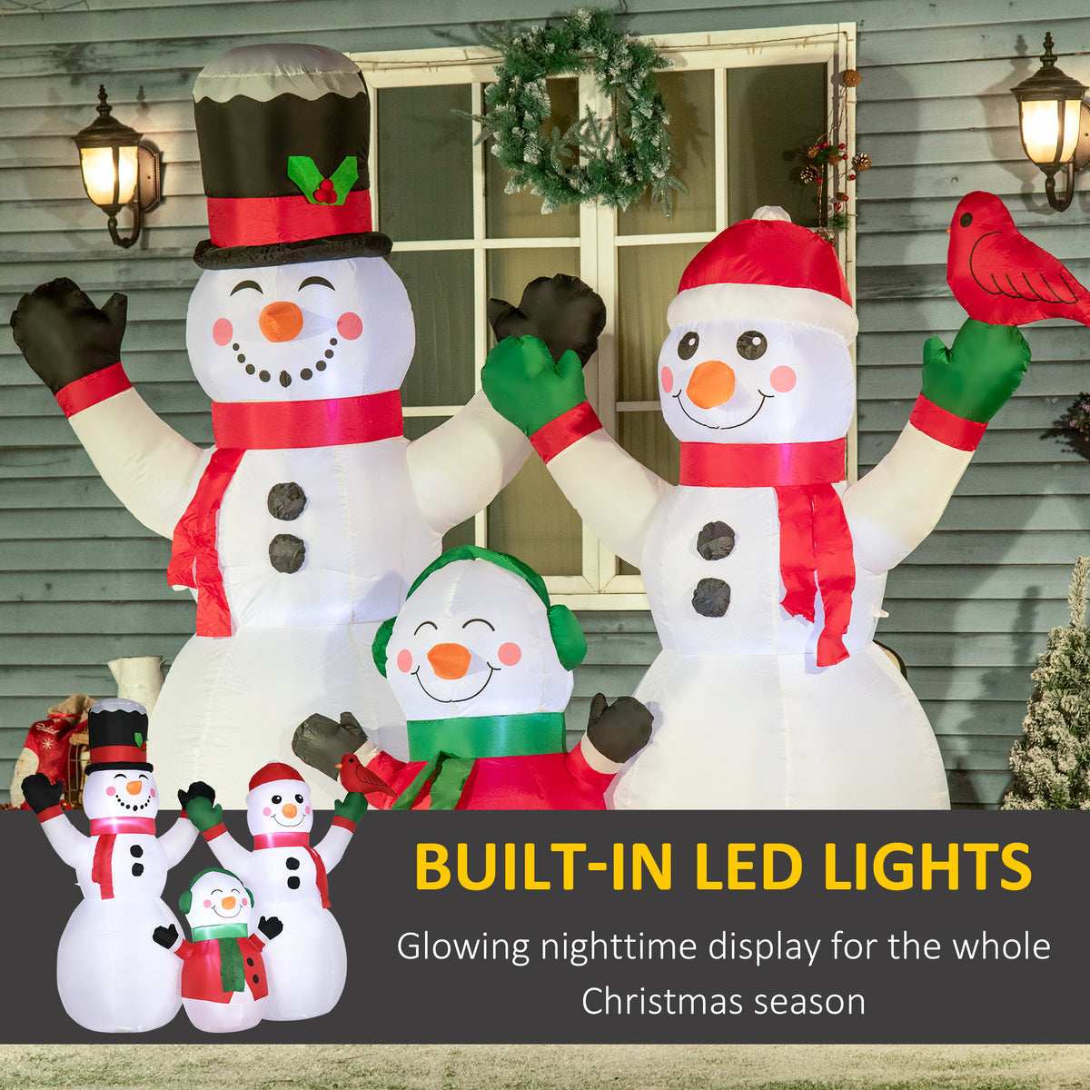 8ft Inflatable Christmas Snowman Family with A Red Bird, Blow-Up Outdoor LED Yard Display for Lawn Garden Party