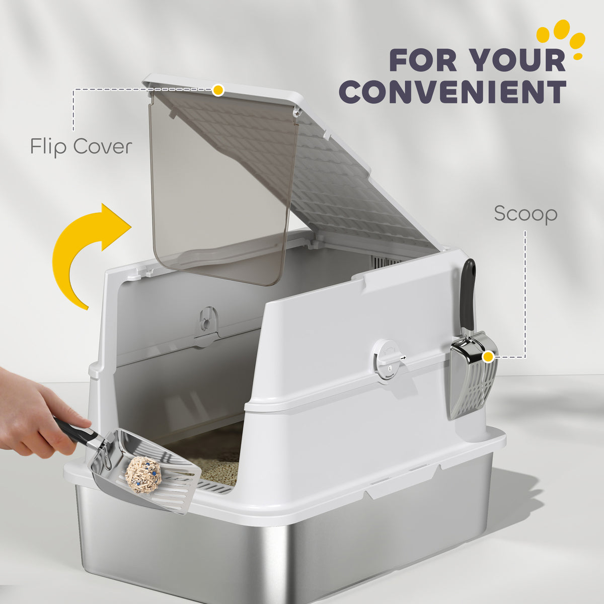XL Stainless Steel Cat Litter Box for Big Cats with Flip Top, Scoop, Easy Clean & No Odors, Non-Sticky