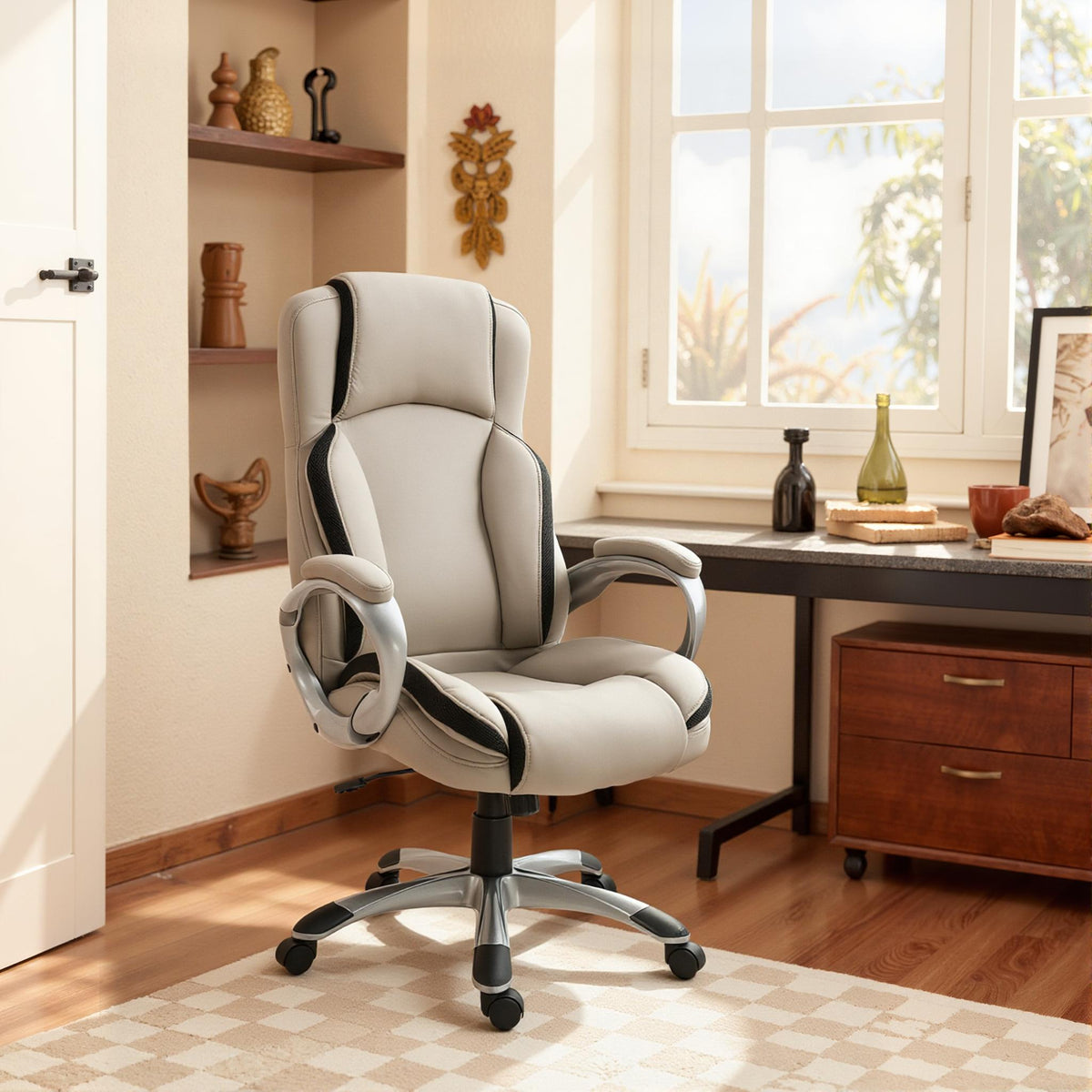 Ergonomic Office Chair PU Leather Executive on Rolling Wheels Task Computer Height Adjustable Swivel Ergonomic, Greige and Black
