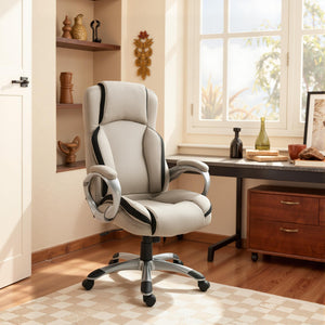 Ergonomic Office Chair PU Leather Executive on Rolling Wheels Task Computer Height Adjustable Swivel Ergonomic, Greige and Black