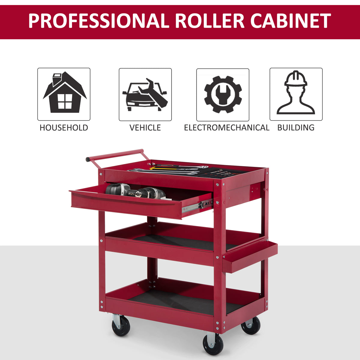 3-Tier Rolling Tool Cart with Drawer and Side Box, 132 LBS Capacity Steel Utility Cart, Mobile Service Tool Organizer for Garage, Warehouse, Workshop, Red