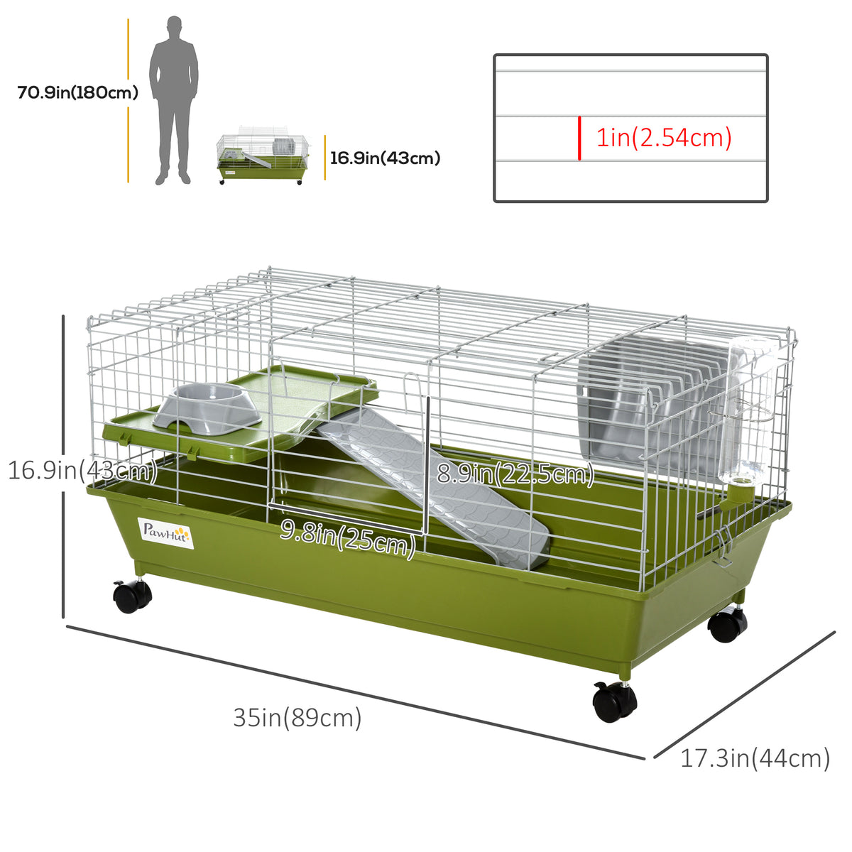 Small Animal Cage, Rolling Bunny Cage, Guinea Pig Cage with Food Dish, Water Bottle, Hay Feeder, Platform – view 9