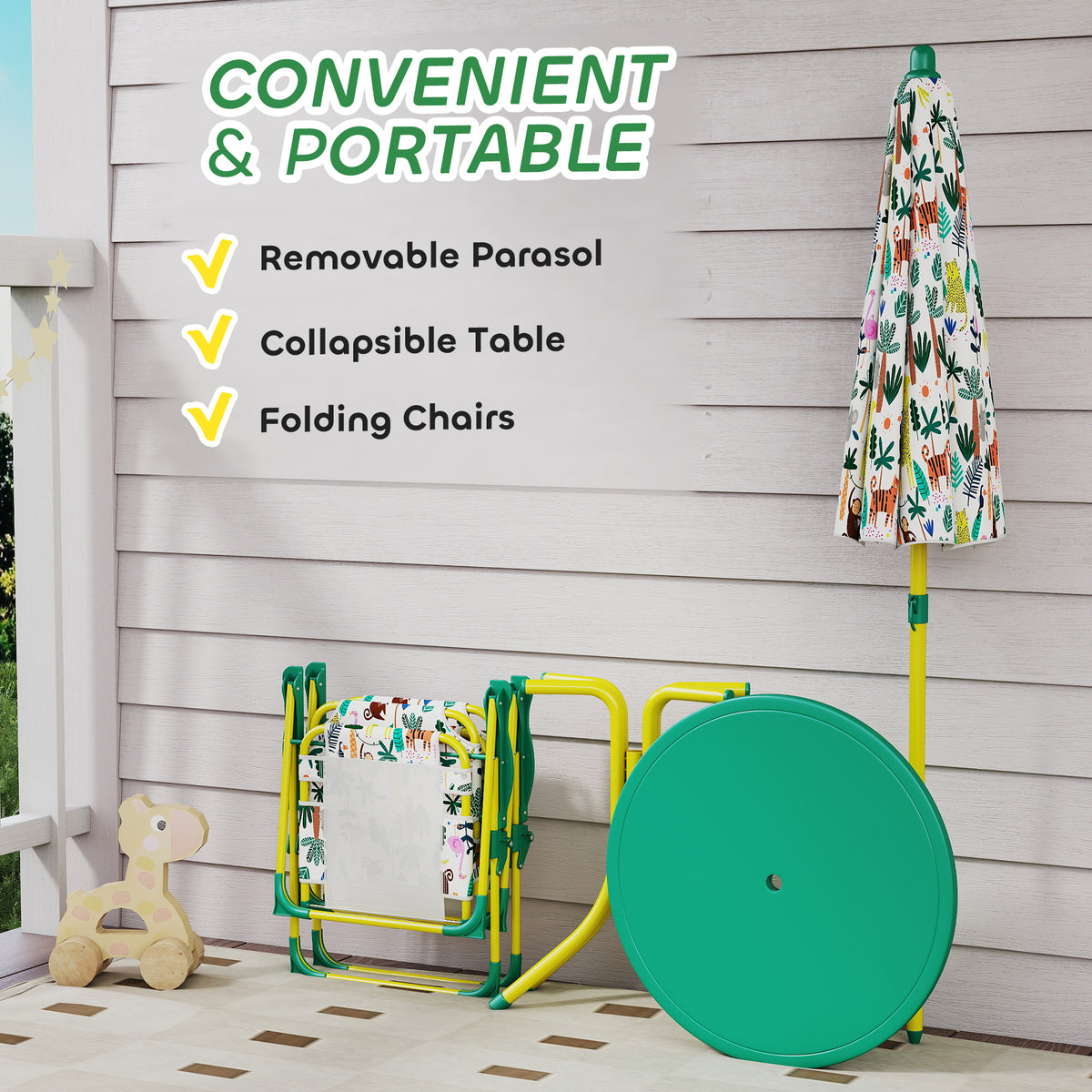 Qaba Kids Picnic Table, Kids Table and Chair Set with 2 Folding Chairs and Umbrella for Backyard, Garden, Patio, Green