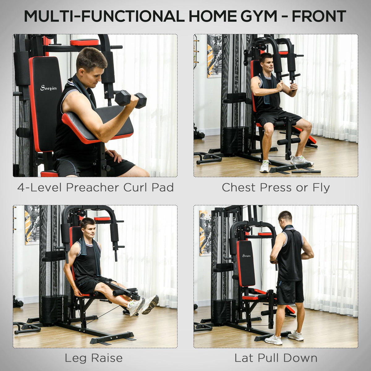 Soozier Multi Home Gym Equipment, Workout Station with Sit up Bench, Push up Stand, Dip Station, 143lbs Weights