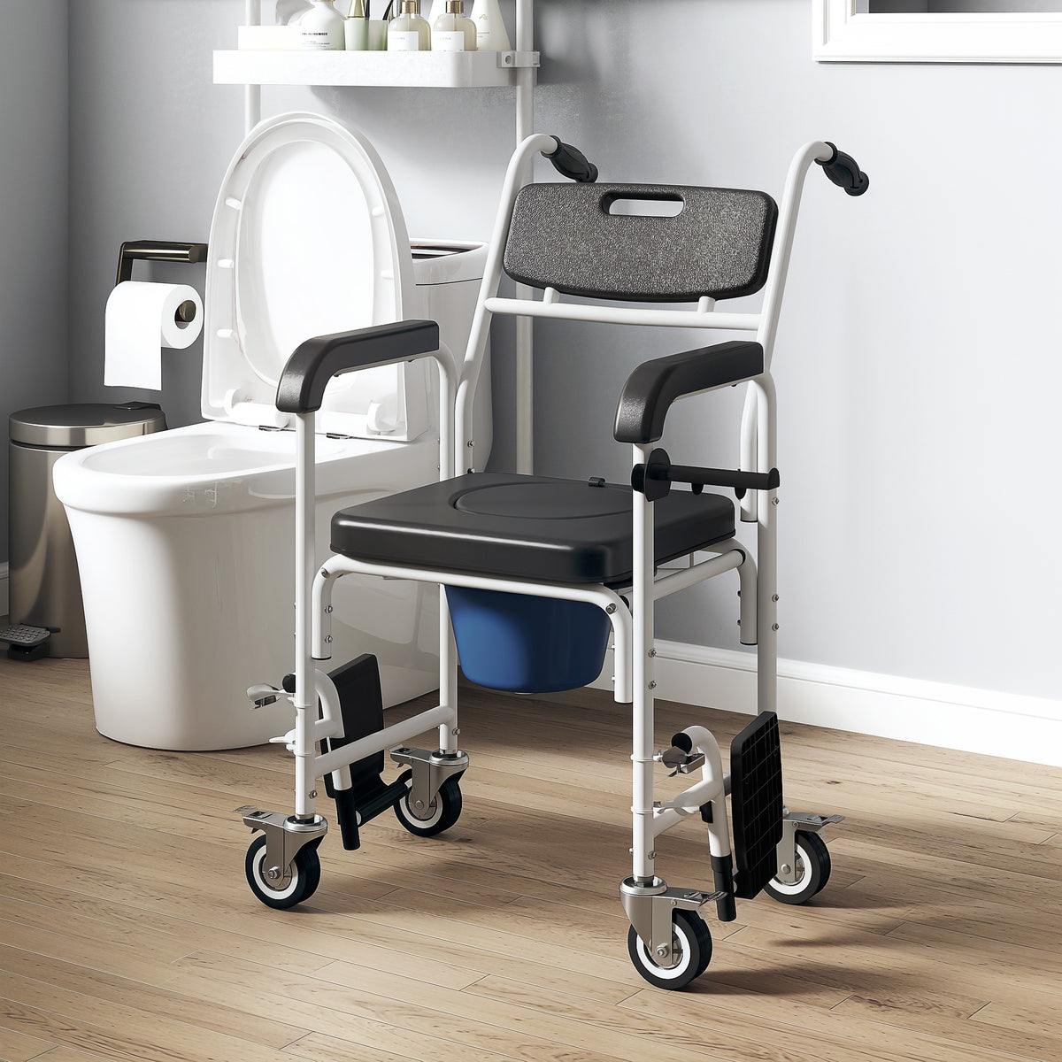 Rolling Shower Chair, Bedside Commode Chair with Wheels, Backrest, Arms, Flip Footrests for Seniors, Disabled, Black