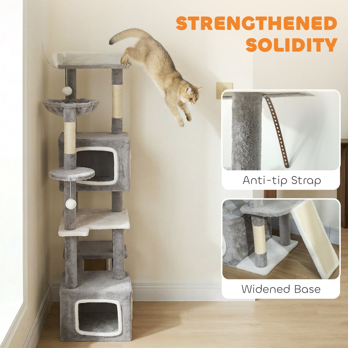 65 Inch Cat Tree with 2 Doors Condos, Plush Top Perch, Hammock, Sisal Scratching Posts, 4 Pompoms, Ramp – view 6