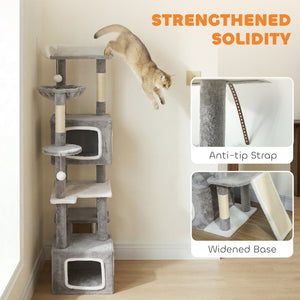 65 Inch Cat Tree with 2 Doors Condos, Plush Top Perch, Hammock, Sisal Scratching Posts, 4 Pompoms, Ramp – view 6