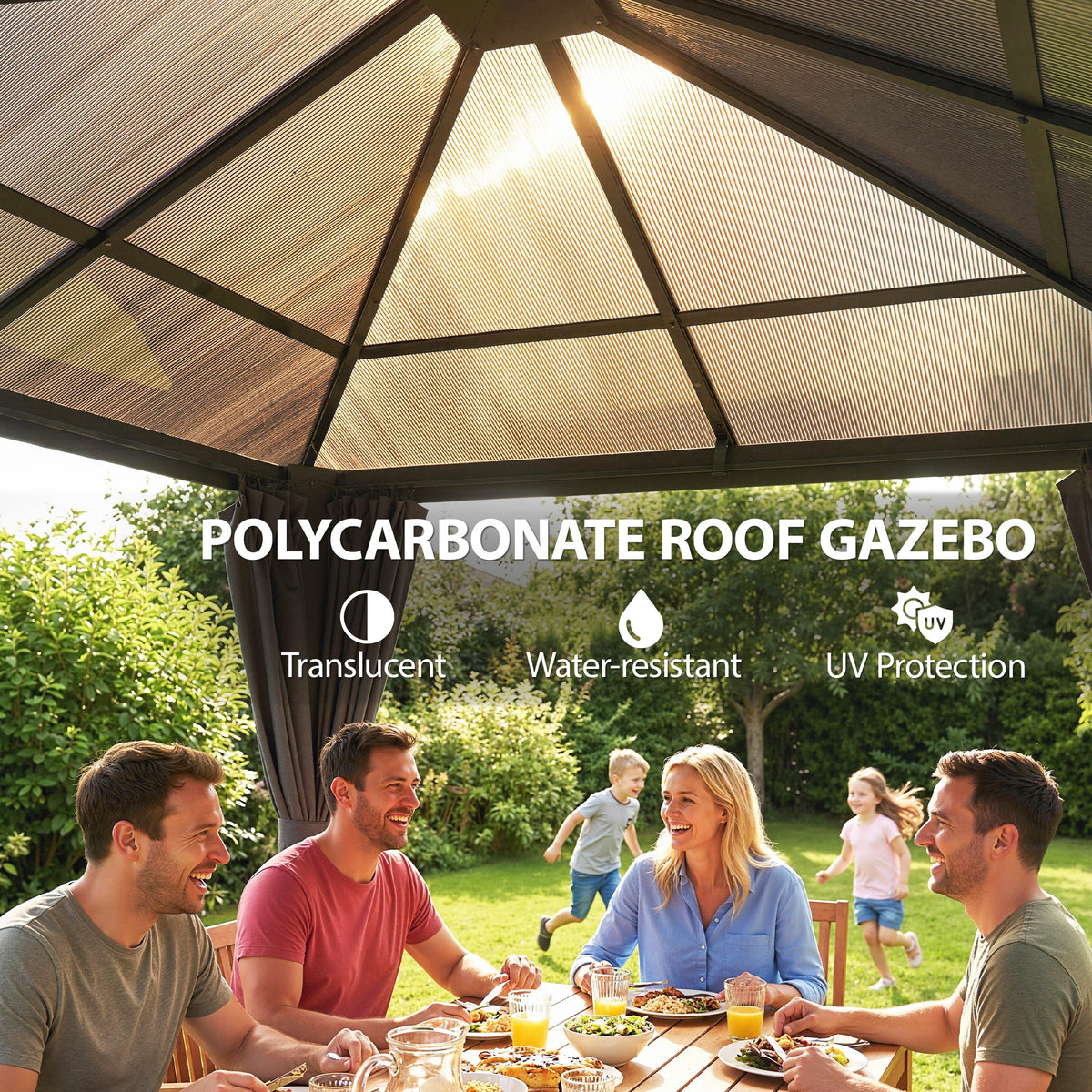 10' x 10' Outdoor Hardtop Gazebo Canopy with UV60+ Polycarbonate Roof, Steel Frame, Central Hook, Curtains – view 17