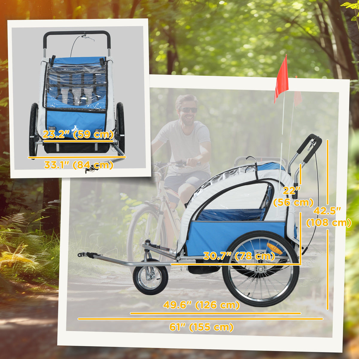 Aosom 2-in-1 Bike Trailer for Kids, Foldable 2-Seat Baby Stroller with 5-Point Harness, Rubber Wheels, Storage Bag