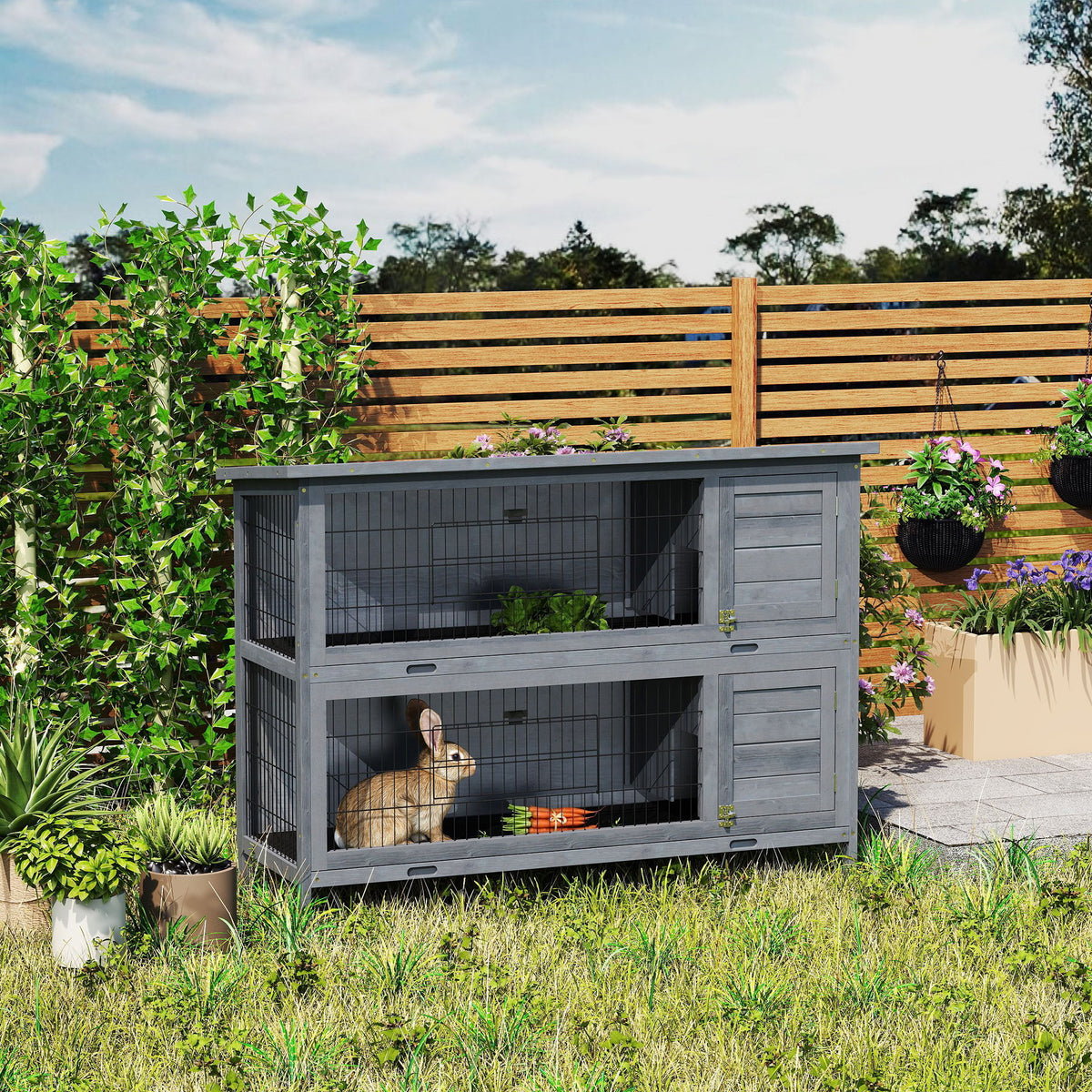 2 Tier Wooden Rabbit Hutch Bunny Pet House Wooden Coop Run, Grey