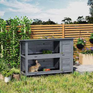 2 Tier Wooden Rabbit Hutch Bunny Pet House Wooden Coop Run, Grey