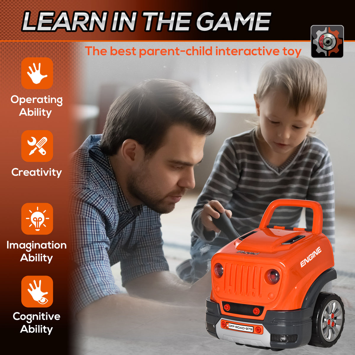 Qaba Kids Truck Engine Toys, Kids Mechanic Workshop Set with Light, Sounds, Steering Wheel and Horn for Boys Girls 3 4 5 Years Old Pretend Play, Orange