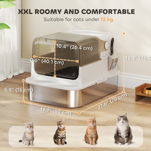 Stainless Steel Cat Litter Box, Easy-Clean Enclosure with Scoop & Flip Lid, 27.6" L x 19.7" W x 18.3" H, White