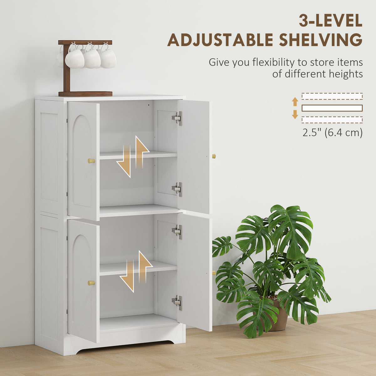43" Kitchen Pantry Cabinet, Freestanding Modern Storage Cabinet with 4 Arched Doors and 2 Adjustable Shelves, White