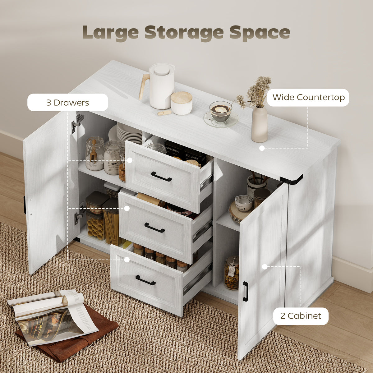 Sideboard with 3 Drawers and 2 Doors, 47" Buffet Cabinet with Adjustable Shelves for Kitchen – view 10