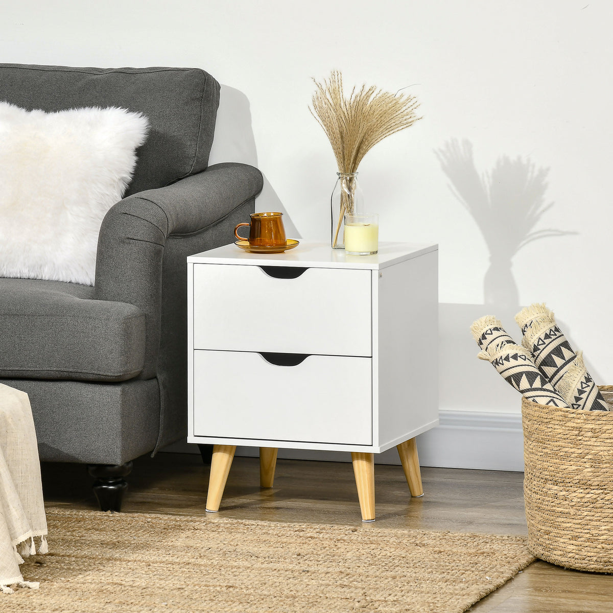 Modern Bedside Table, Nightstand with 2 Drawers and Pine Wood Legs for Bedroom, Living Room, White – view 7