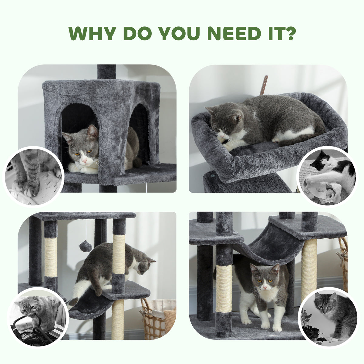 69" Cat Tree, Multi-Level Cat Tower with 2 Condos, Plush Perch and Sisal Scratching Posts, Dark Grey – view 6