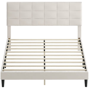 Queen Size Bed Frame with Upholstered Headboard, Modern Platform Bed Frame with Wood Slats, 1100 lbs Capacity, Cream