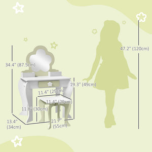 Qaba Kids Makeup Vanity Set with Stool, Mirror, Drawer, Storage Boxes, White