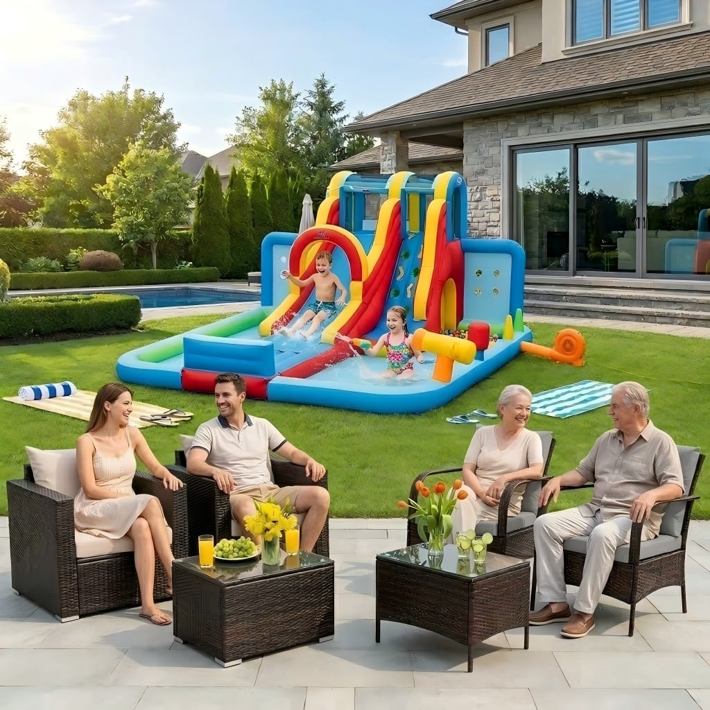 Ultimate Backyard Summer Oasis Set: 6-Pc Patio Rattan Furniture, Inflatable Water Slide Park with 680W Blower view 2