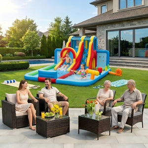 Ultimate Backyard Summer Oasis Set: 6-Pc Patio Rattan Furniture, Inflatable Water Slide Park with 680W Blower view 2