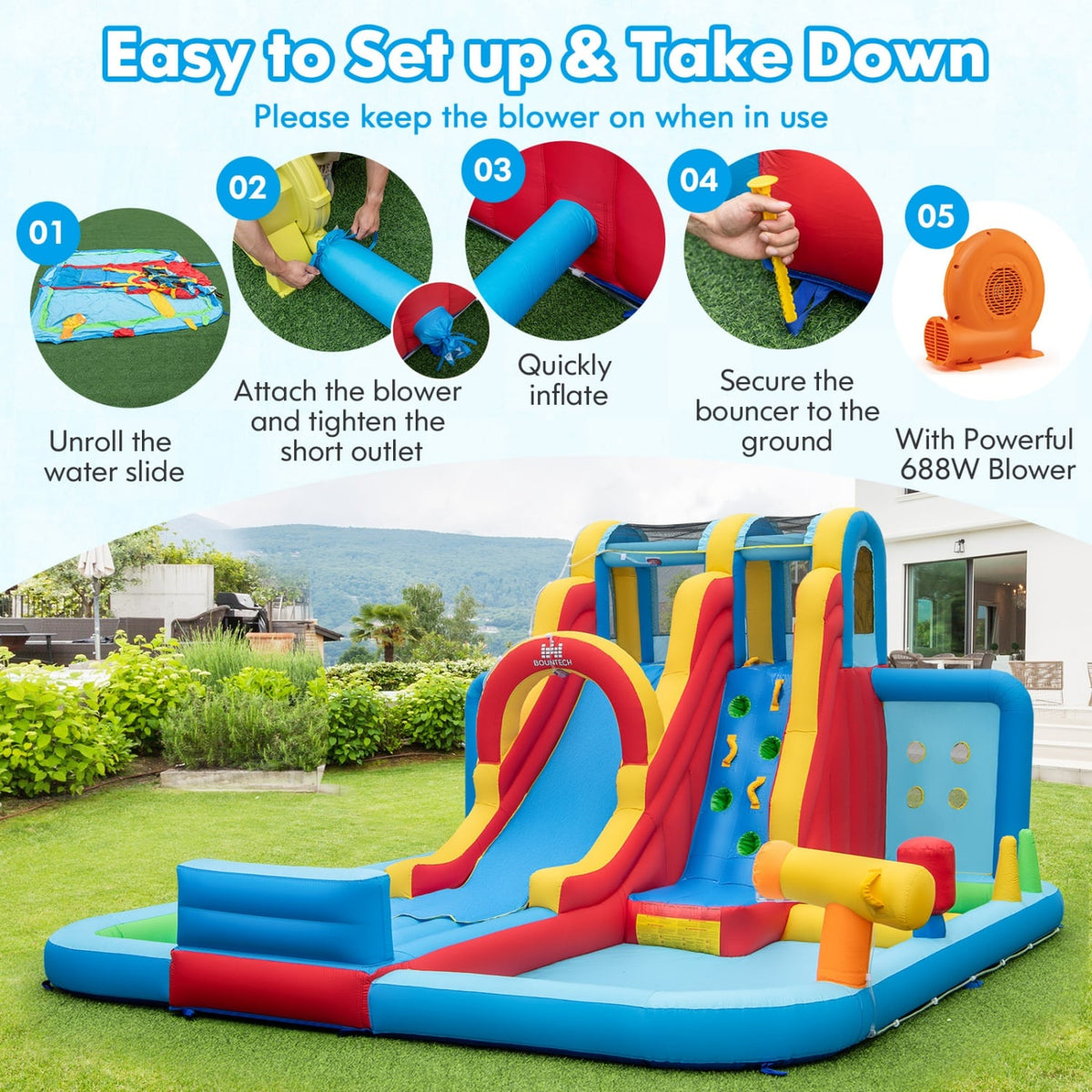 Ultimate Backyard Summer Oasis Set: 6-Pc Patio Rattan Furniture, Inflatable Water Slide Park with 680W Blower view 7