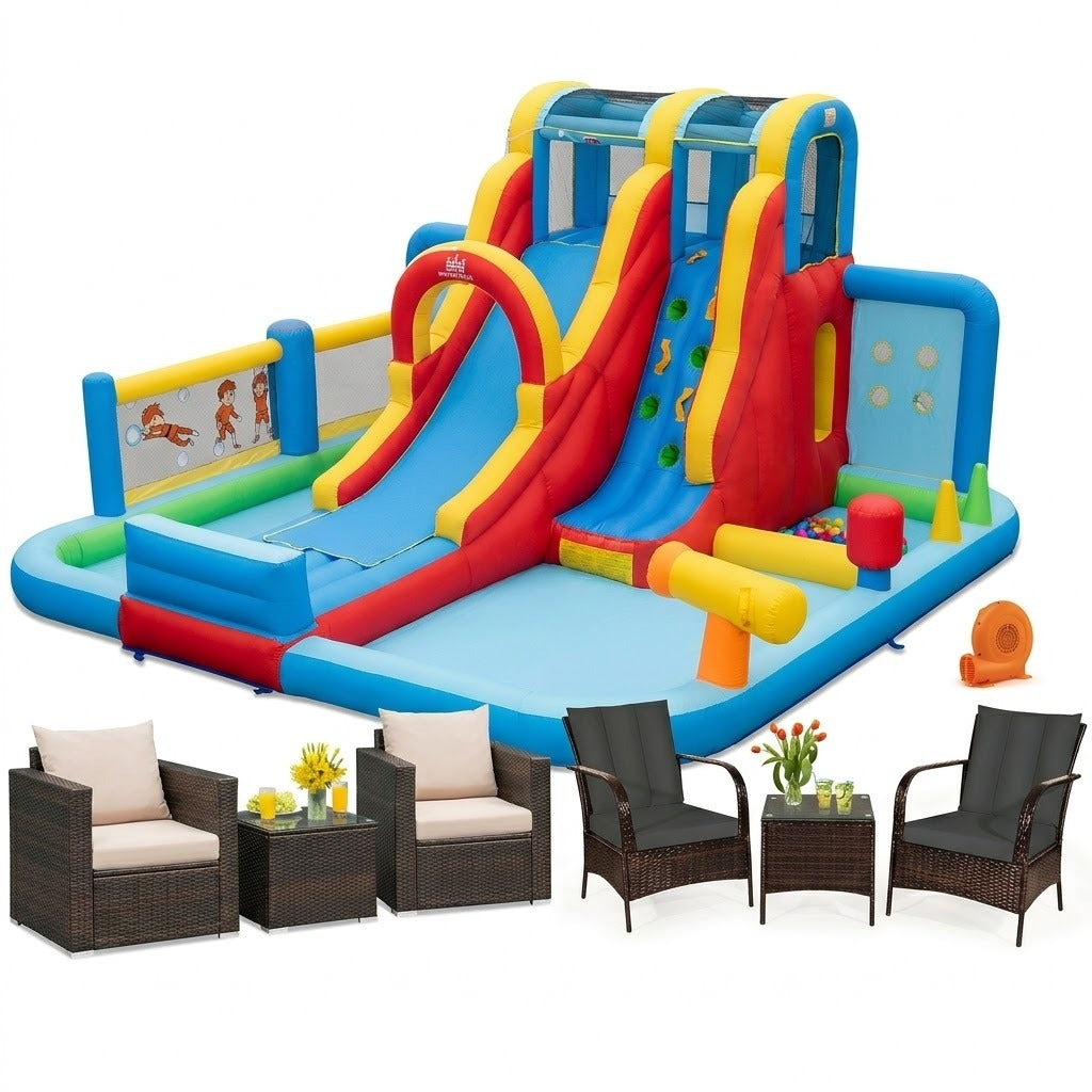 Ultimate Backyard Summer Oasis Set: 6-Pc Patio Rattan Furniture, Inflatable Water Slide Park with 680W Blower