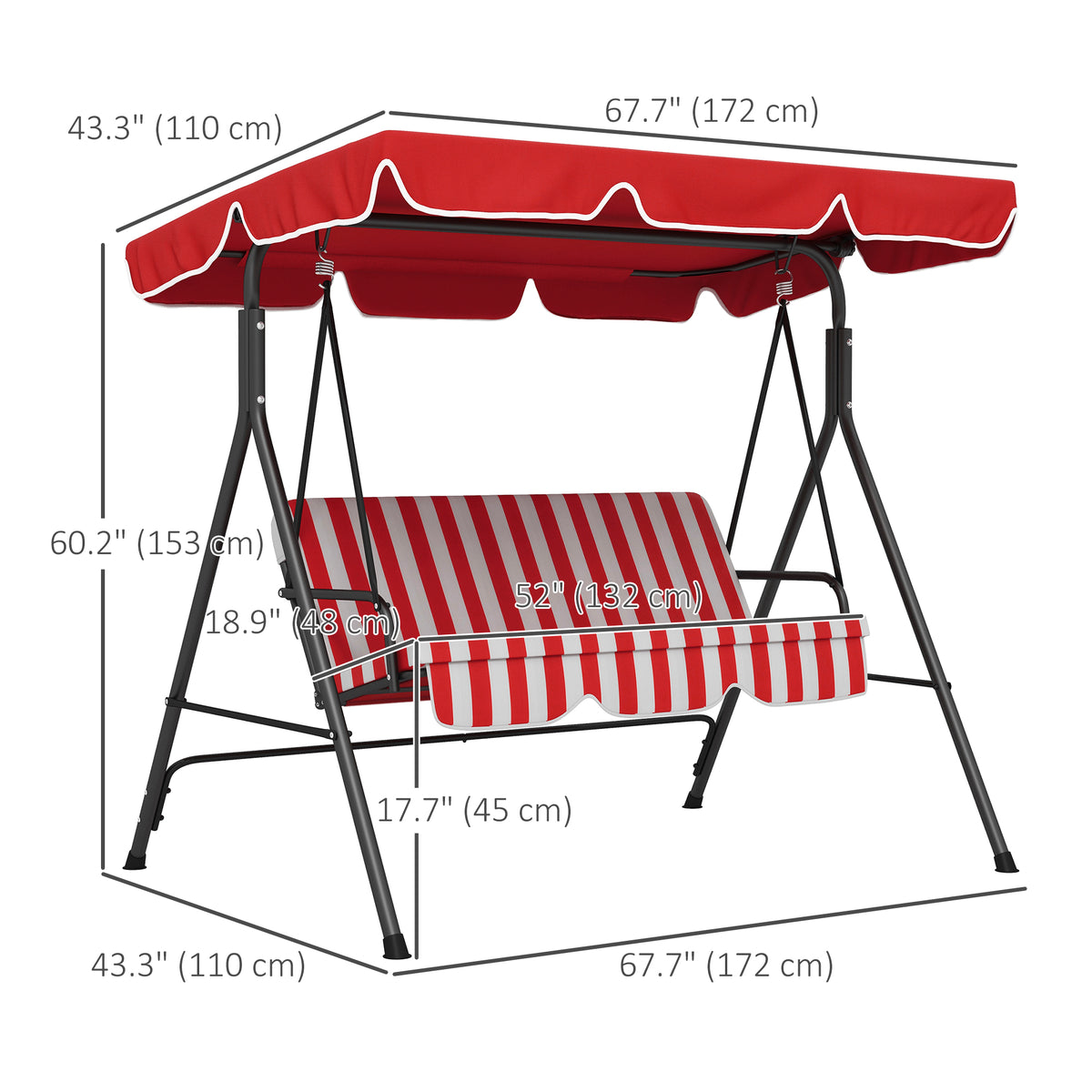 3-Seater Outdoor Porch Swing with Adjustable Canopy, Patio Swing Chair for Garden, Poolside, Backyard, Green and White