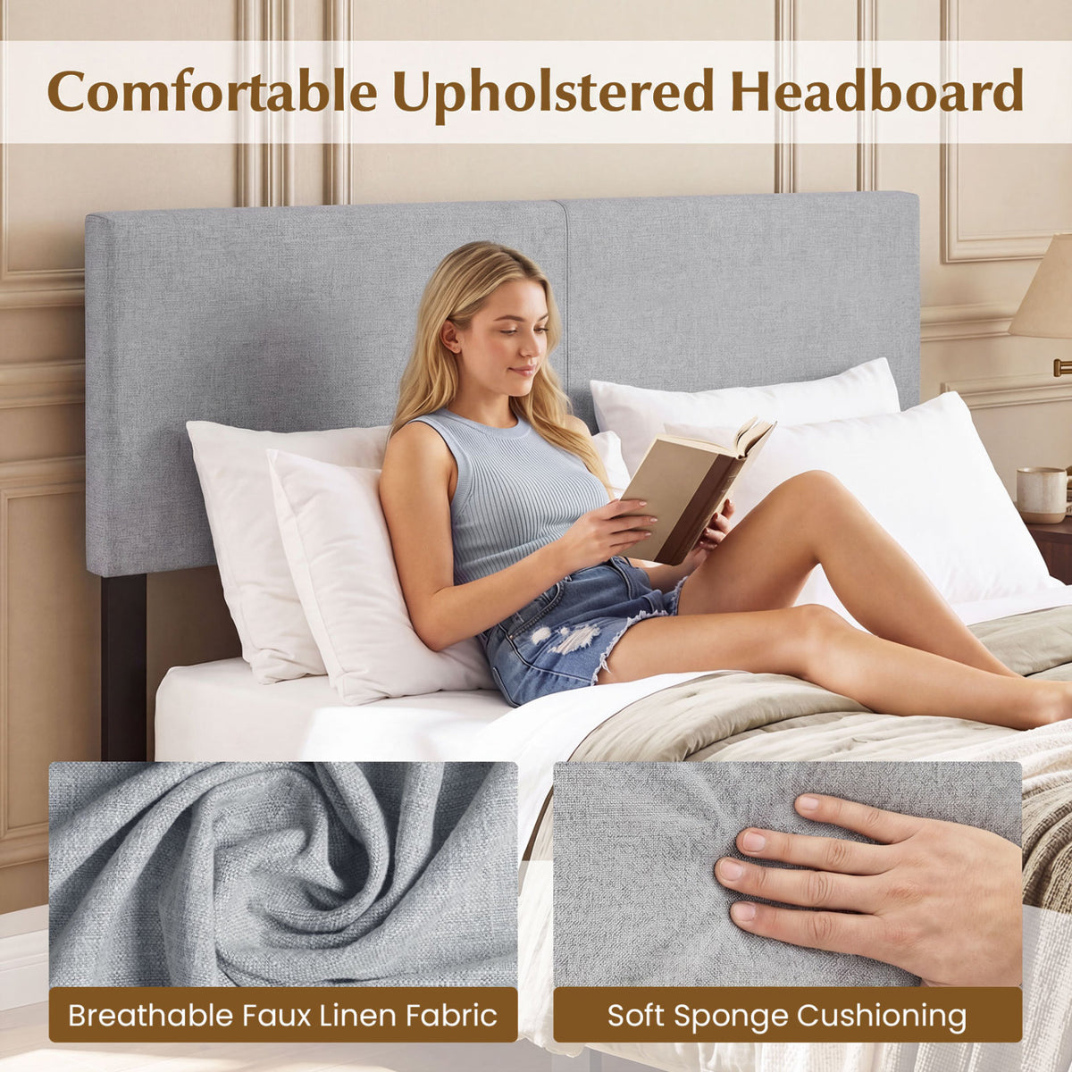 Upholstered Headboard Queen/Full Size Vertical Quilted Linen Fabric Bed Frame Mount Panel-Gray view 7