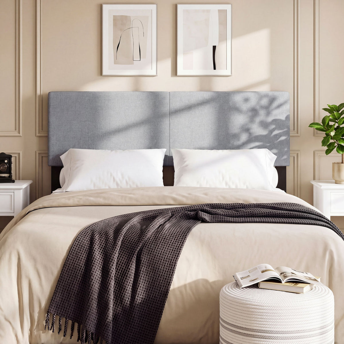 Upholstered Headboard Queen/Full Size Vertical Quilted Linen Fabric Bed Frame Mount Panel-Gray view 3