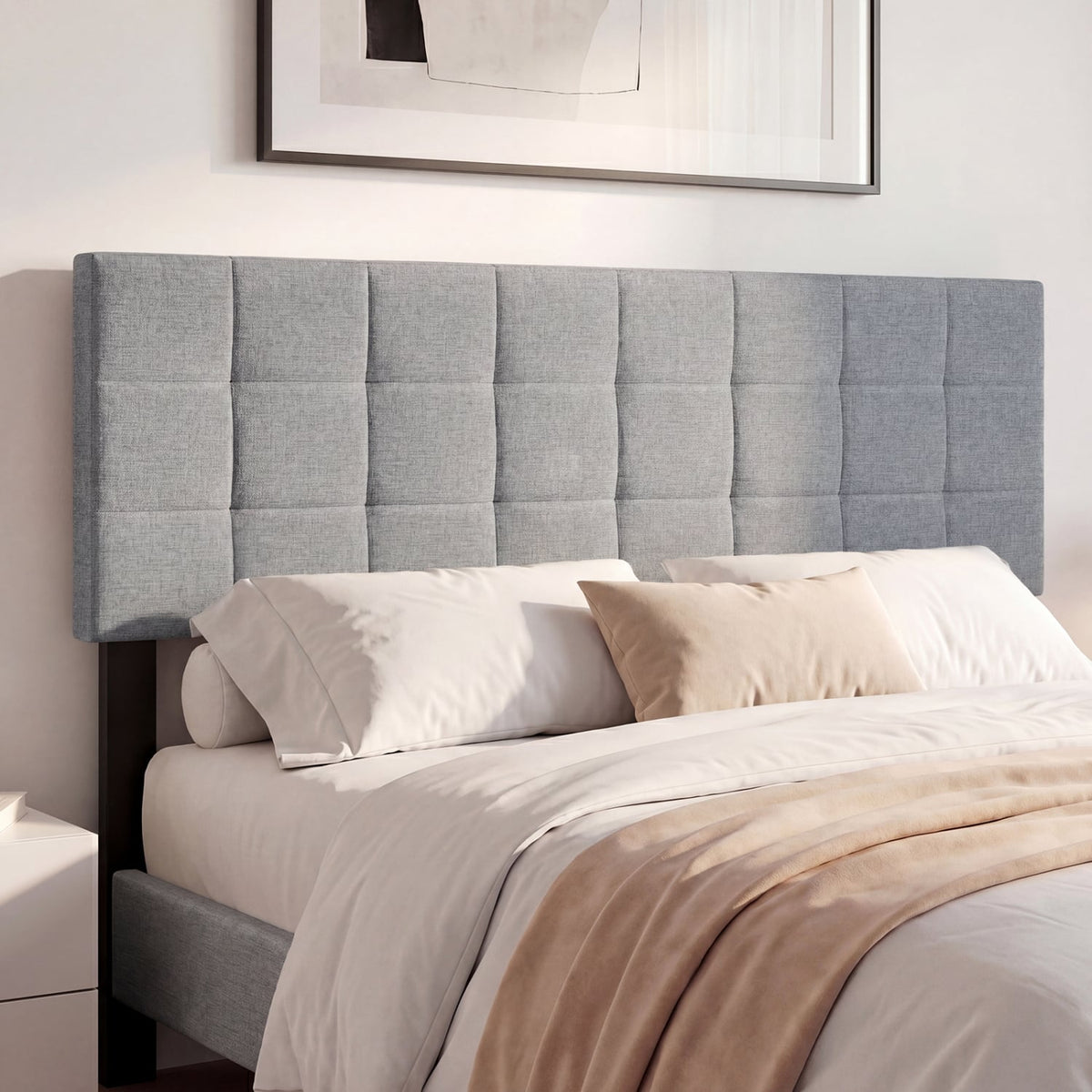 Upholstered Headboard Queen/Full Size Quilted Grid Linen Fabric Bed Frame Mount Panel-Gray view 2